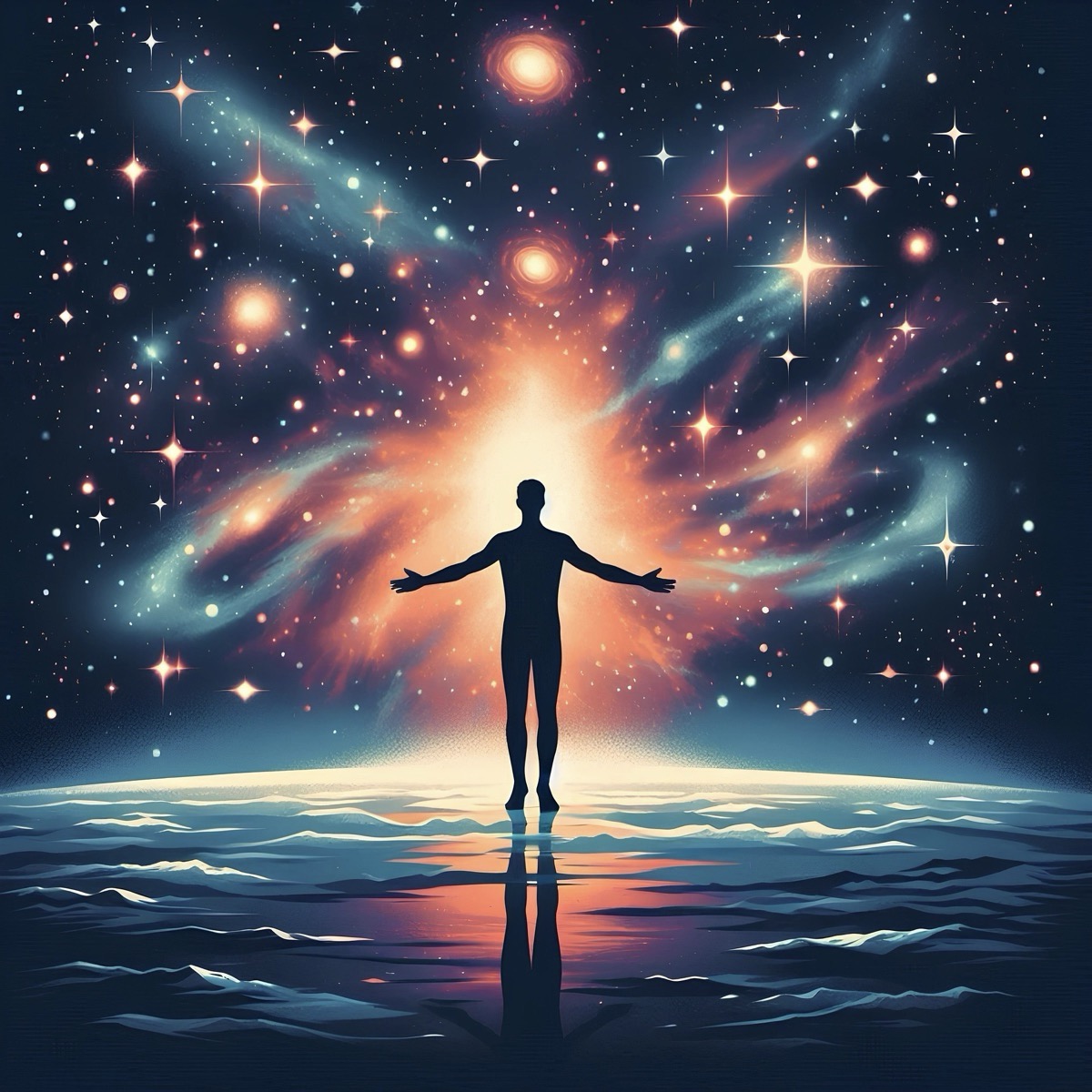 Silhouetted man with outstretched arms against a star-filled sky