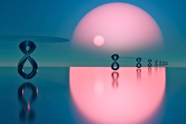 Infinity symbols floating above reflective water beneath a glowing sunset