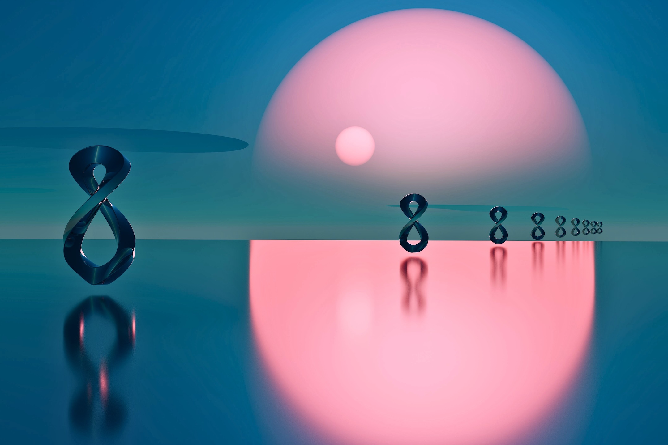 Infinity symbols floating above reflective water beneath a glowing sunset