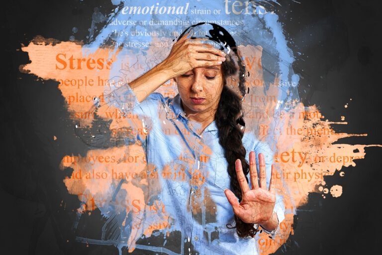 Woman behind glass surrounded by words describing stress and emotions
