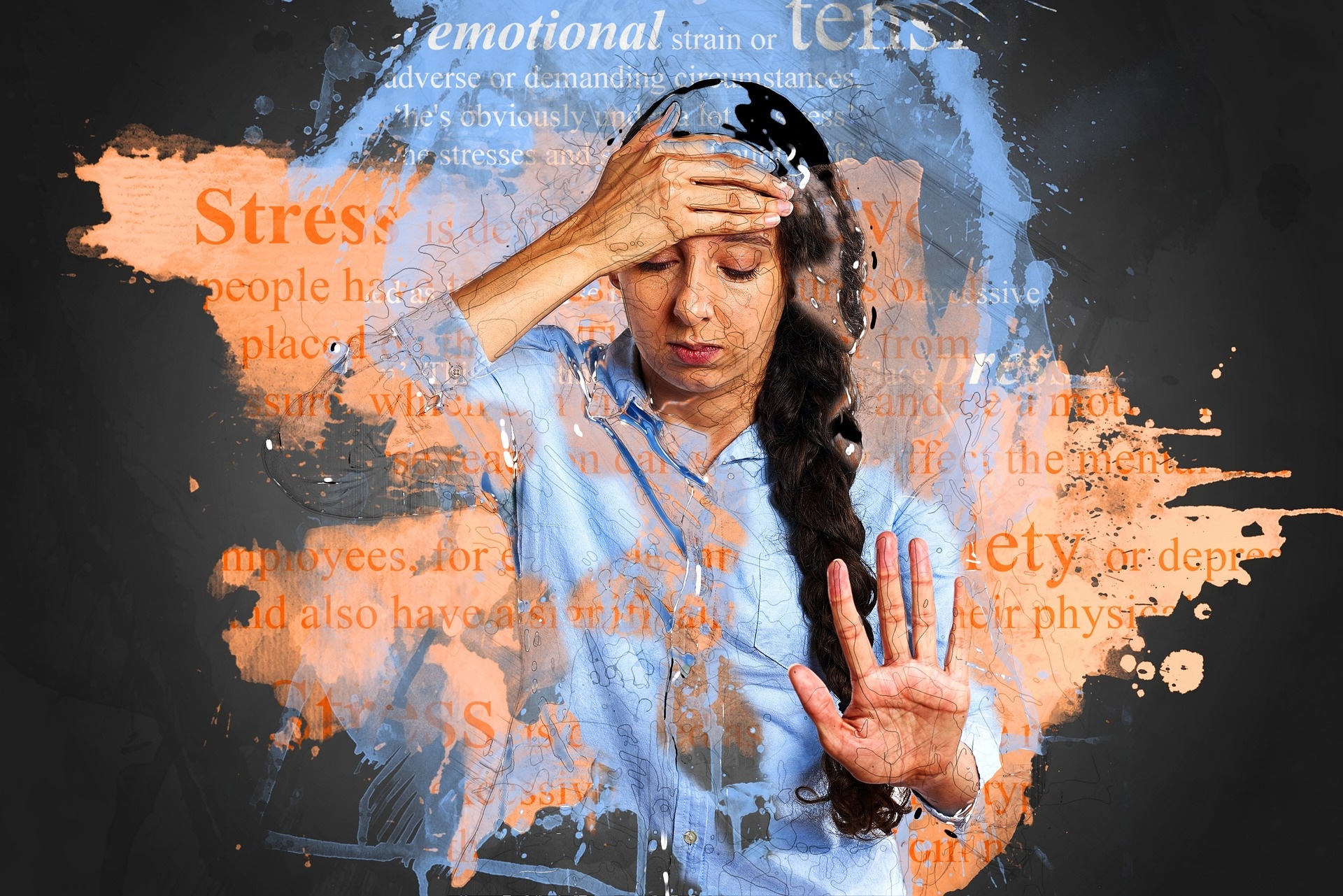 Woman behind glass surrounded by words describing stress and emotions