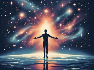 Silhouetted man with outstretched arms against a star-filled sky