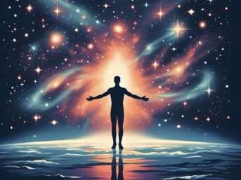 Silhouetted man with outstretched arms against a star-filled sky