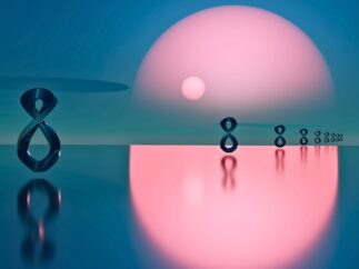 Infinity symbols floating above reflective water beneath a glowing sunset