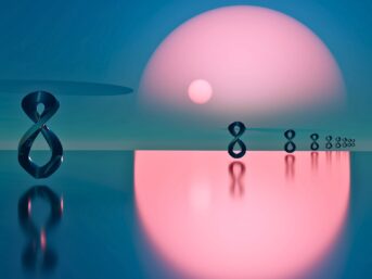Infinity symbols floating above reflective water beneath a glowing sunset