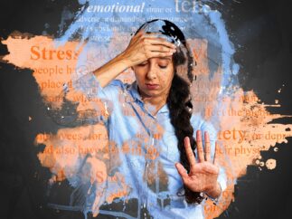 Woman behind glass surrounded by words describing stress and emotions