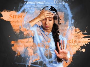 Woman behind glass surrounded by words describing stress and emotions